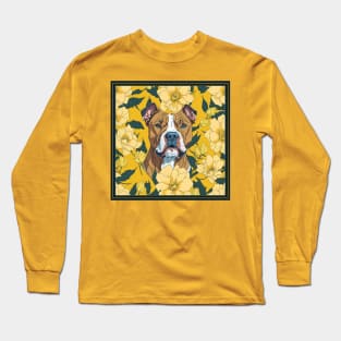 Pitbull and flowers, dog, seamless print, style vector (yellow flowers & pitbull) Long Sleeve T-Shirt